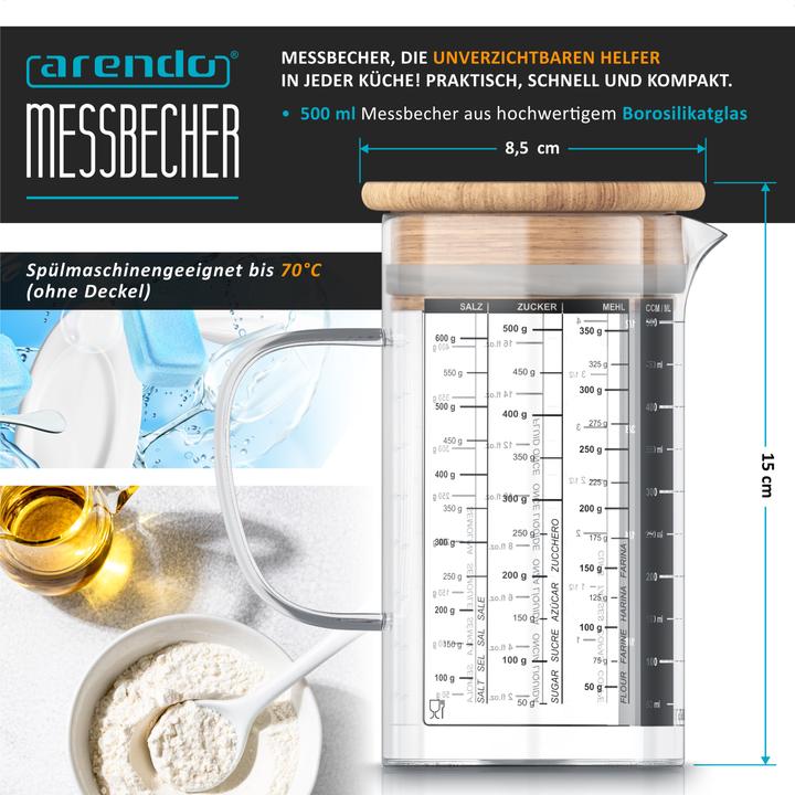 Produktbild Arendo Messbecher 500 ml aus Glas, 0,5 L, luftdicht, Bambusdeckel, Silikondichtung für Mehl, Zucker uvm. (500 ml)