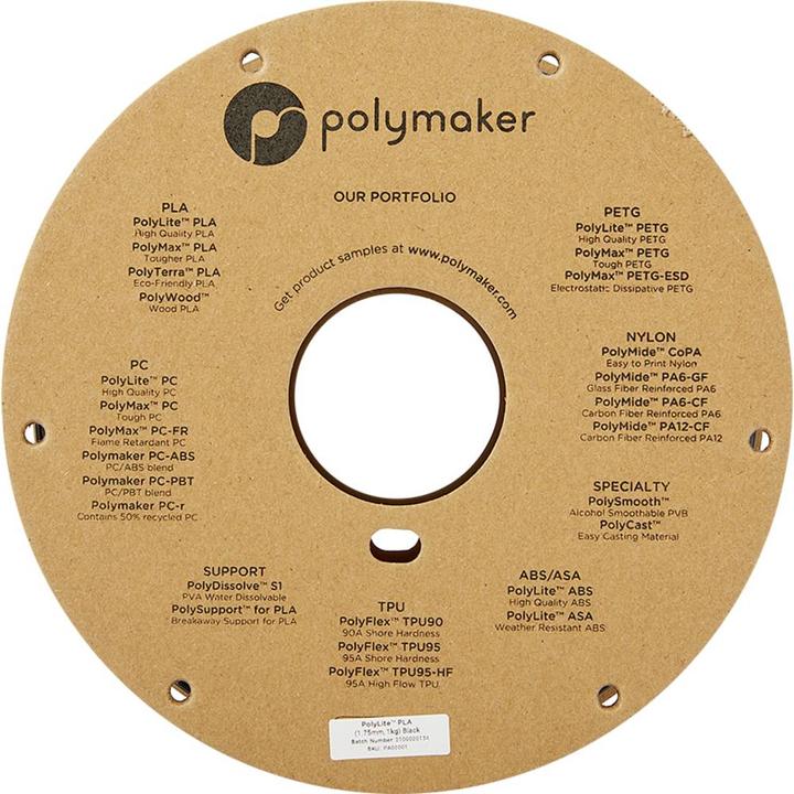 Actual product image Polymaker PolyLite PLA V2 - Black - 1.75mm (PLA, 1.75 mm, 1000 g, Black)