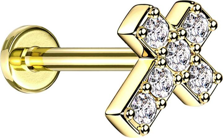 Star Piercing Micro Labret Innengewinde vergoldet Kreuz mit Kristall silber (Chirurgenstahl 316L, ohne Messing)