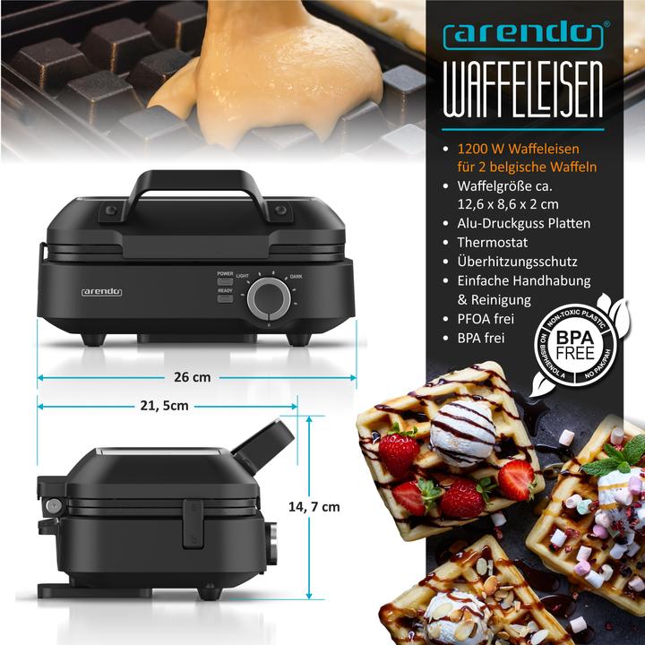 Image du produit Arendo Gaufrier, gaufrier automatique, 2 gaufres de 12,6 cm, 1200 W, revêtement antiadhésif, gaufres belges