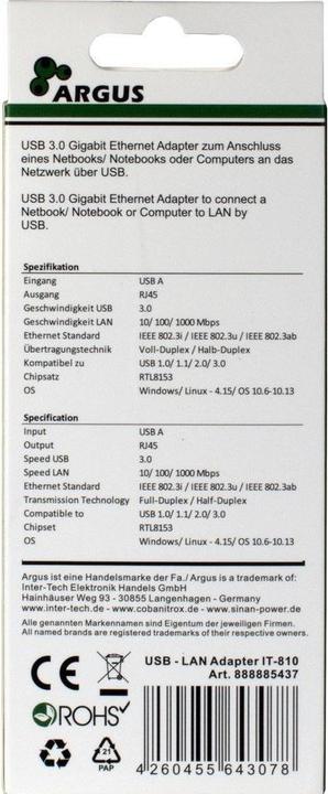 Actual product image Intertech Argus IT-810 (USB 3.0, RJ45 (1x))