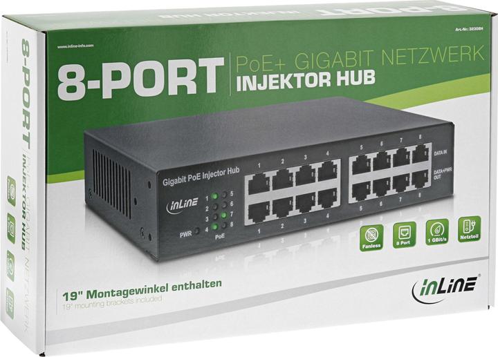 Actual product image InLine PoE+ Gigabit injector hub 8 port (8x PoE+) (802.3af (PoE), 802.3at (PoE+), 120 W)
