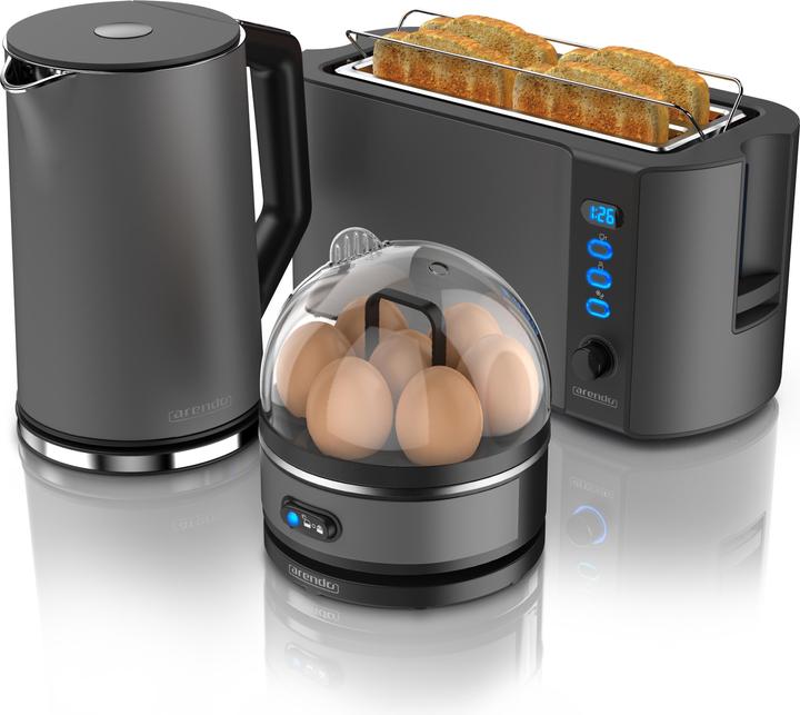 Produktbild Arendo Frühstücks Set, Wasserkocher 1,5l Temperaturwahl, 4 Scheiben Toaster & Eierkocher für 7 Eier, Grau (1.50 l)