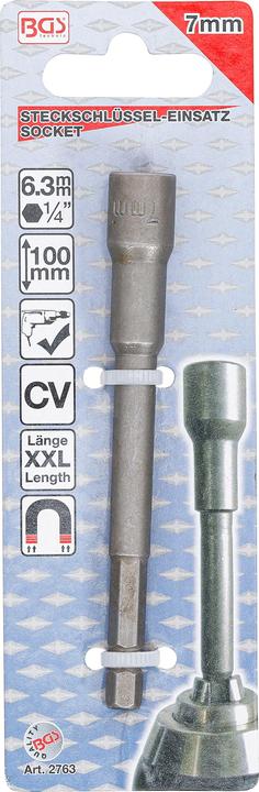 Produktbild BGS Steckschlüssel-Einsatz Sechskant, extra lang für Bohrmaschinen 6,3 mm (1/4") SW 7 mm (7 mm)