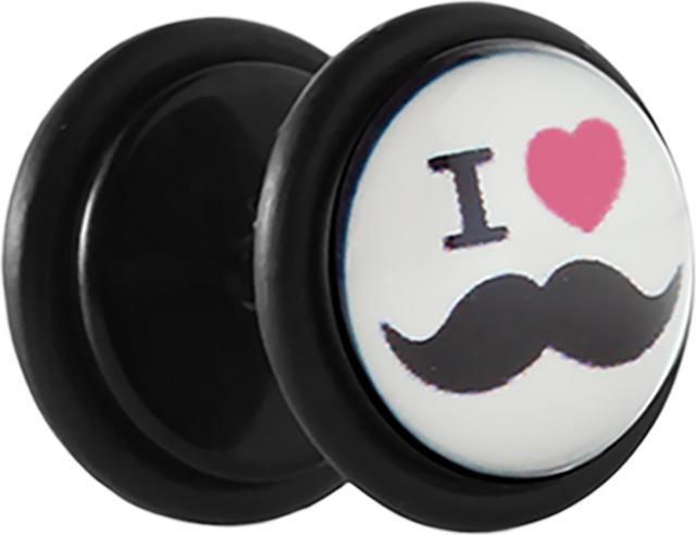 Star Piercing Fake Plug schwarz mit i love Schnurrbart (ohne Messing, Acryl)