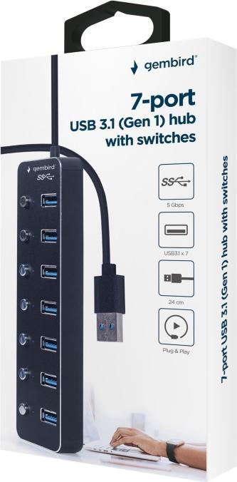 Actual product image Gembird 7-port USB 3.1 Gen 1 HUB with switches black (USB-C, 7 Ports)