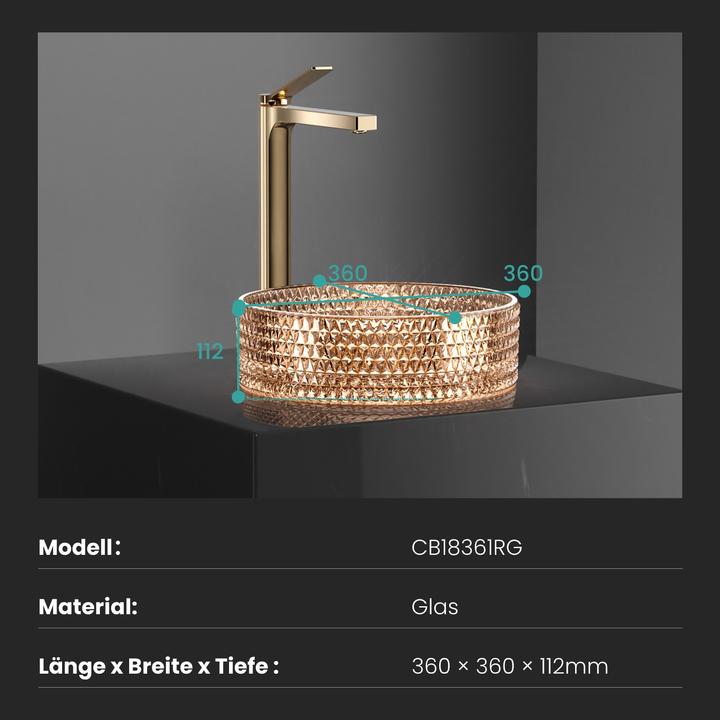 Produktbild Emke Aufsatzwaschbecken, 360 x 360 x 112 mm, Waschbecken aus roségoldenem Glas, Rundes Aufsatzwaschbecken (360 mm, 360 mm)
