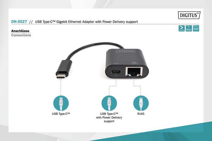 Image du produit Digitus USB Type-C™ Adaptateur Gigabit Ethernet avec support d'alimentation (USB-C, RJ45 (1x))