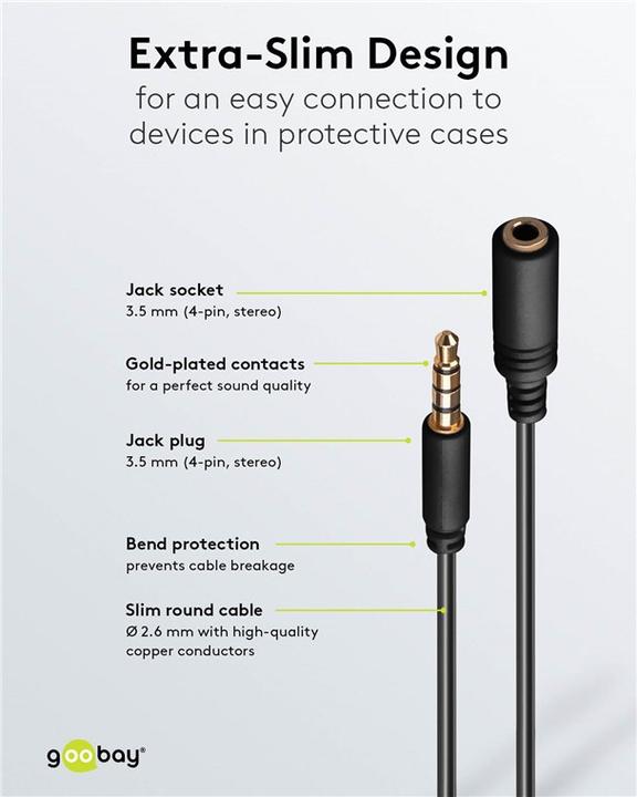Actual product image Goobay Headphone and audio extension cable AUX, 4-pin 3.5 mm slim, CU (0.50 m, 3.5mm jack (AUX))