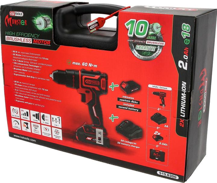 Productafbeelding KS Tools eMONSTER borstelloze accu klopboormachine en schroevendraaierset, 4-delig | 18 volt, 2 accu's en (Oplaadbare batterij)