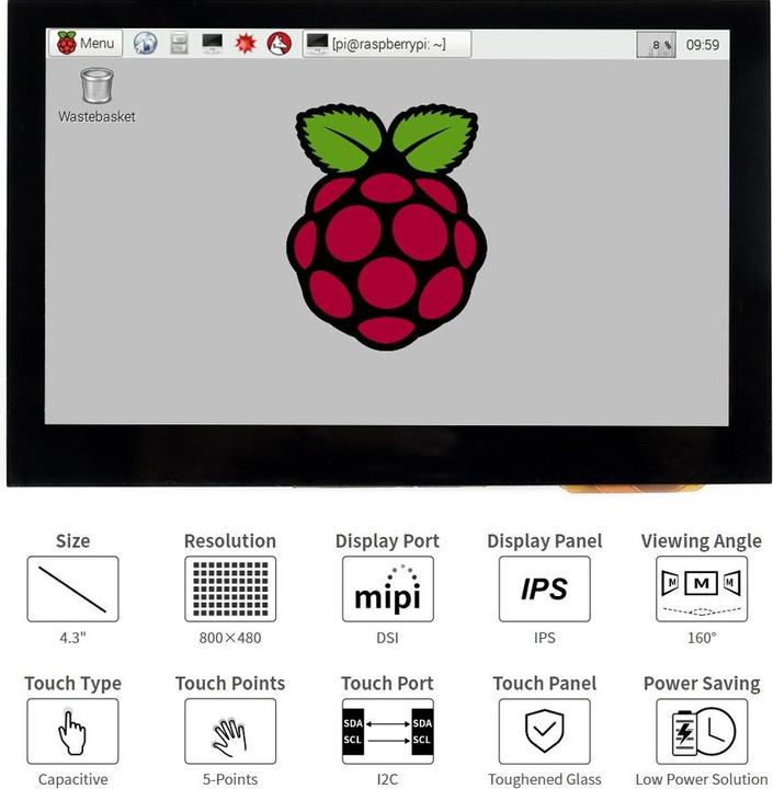 Actual product image WaveShare 4.3inch Capacitive Touch Display for Raspberry Pi DSI Interface 800×480