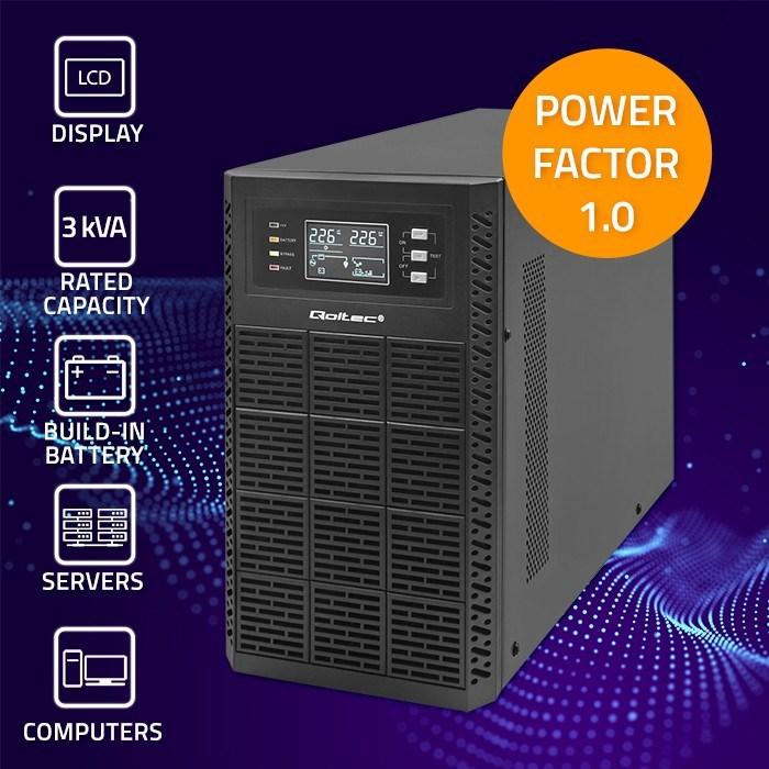 Produktbild Qoltec ZASILACZ AWARYJNY UPS 3KVA | 3000W | POWER FACTOR 1.0 | LCD | EPO | USB | ON-LINE (3 VA, 3000 W, Online-Doppelwandler USV)