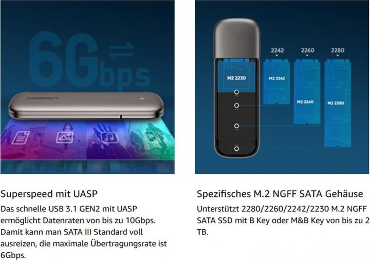 Immagine prodotto Ugreen Contenitore per M.2 NGFF SATA SSD 6 Gbit/s USB-C 3.1 Gen2 (M.2 2230, M.2 2240, M.2 2260, M.2 2242)