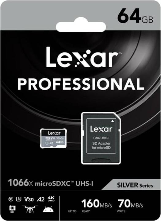 Actual product image Lexar Silver (64 GB, microSDXC, U3, UHS-I)