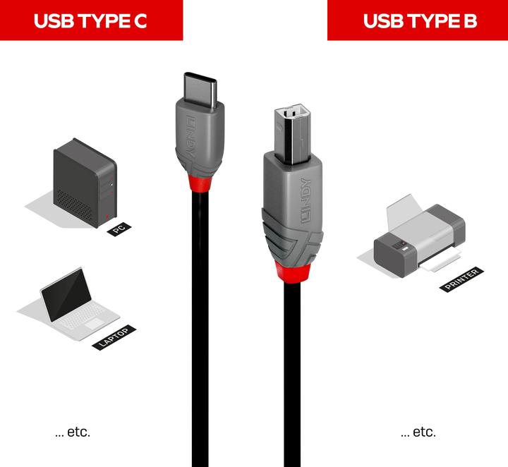 Produktbild Lindy USB 2.0, Type C an B, Cable, Anthra, Line (0.50 m, USB 2.0)