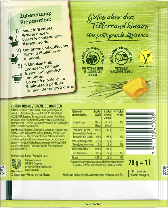 Nährwerte und Zutaten Knorr Kürbiscrème Suppe Beutel, Kürbissuppe extra crèmig mit Kürbisstückchen, einfach zubereitet (1000 ml)