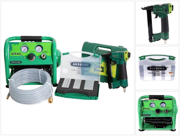 Produktbild Prebena Komplettpaket 1XR-A16 Druckluftnagler + Druckluftschlauch 10m + Kompressor VITAS 45 + A-BOX