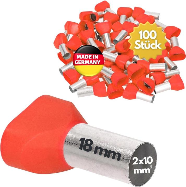 Kalitec 100 Stück AET1018RT Zwillingsaderendhülsen isoliert 2x10,0mm² 18mm lang rot I Made in German