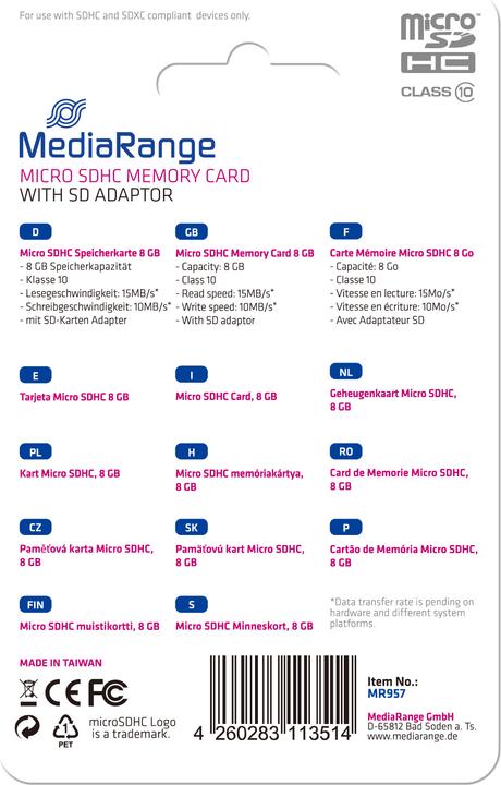 Produktbild MediaRange MR957 (8 GB, microSDHC, U1, UHS-I)