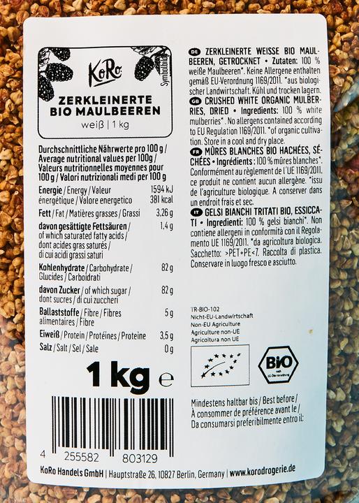 Nährwerte und Zutaten KoRo Zerkleinerte weisse Bio Maulbeeren, getrocknet (1000 g)