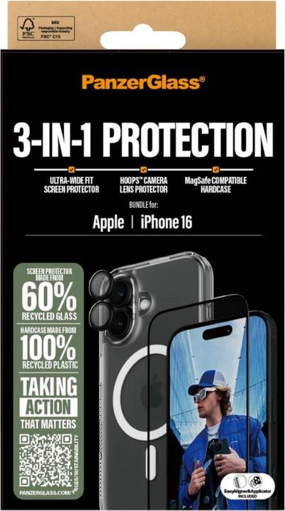Productafbeelding PanzerGlass Bundel Ultra Wide FIt Glas + Etui + Lens (1 Stuk, Apple iPhone 16)