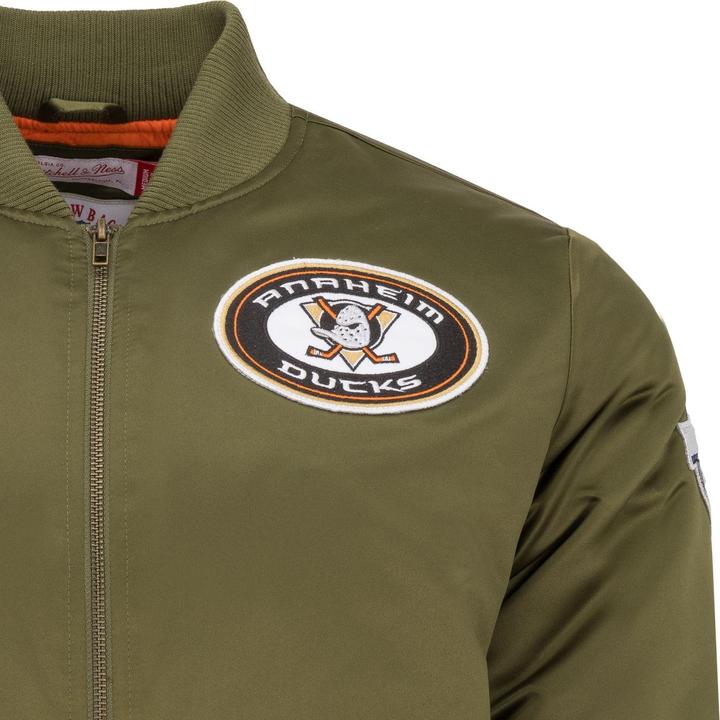 Actual product image Mitchell & Ness M&N Satin Bomber Jacket - PATCHES Anaheim Ducks olive - L (L)