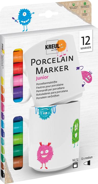 Produktbild Kreul Porzellanmarker "PorcelainPEN easy" Set (Rosa, Braun, Schwarz, Orange, Creme, Gelb, Grau, Violett, Dunkelblau, Dunkelgrün, Hellblau, Kirschrot, 3 mm, 12 x)