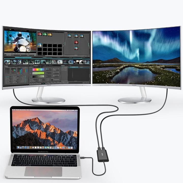 Produktbild Choetech Steckeradapter USB Typ-C Thunderbolt 3 (40 Gbit/s) auf 2 x DisplayPort 4K 60 Hz Schwarz (HU (USB Typ-C, 8.50 cm)