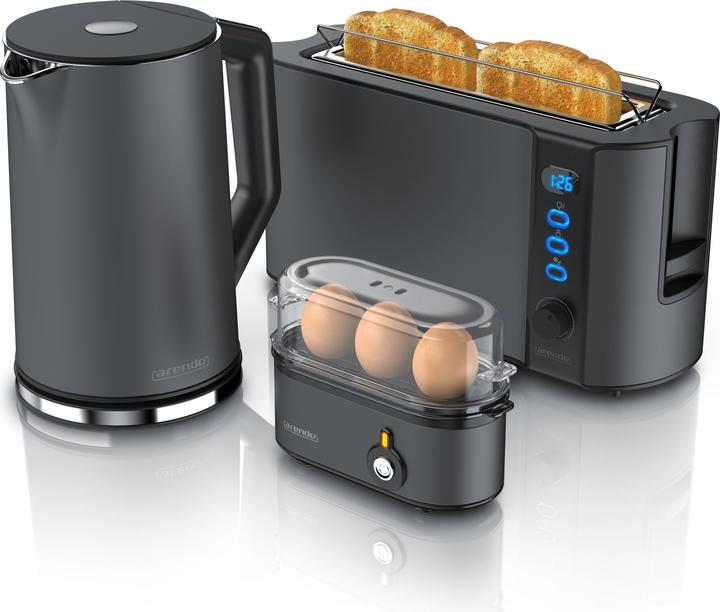 Arendo Frühstücks Set, Wasserkocher 1,5l Temperaturwahl, 2-Scheiben Toaster & Eierkocher für 3 Eier, Grau