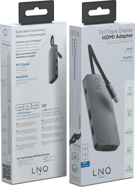 Actual product image LINQ Connects USB-C -> 1x HDMI, 1x DP, 1x miniDP, 1x VGA, 1x USB-C, 2x USB-A LQ48019 grey (USB-C, 7 Ports)
