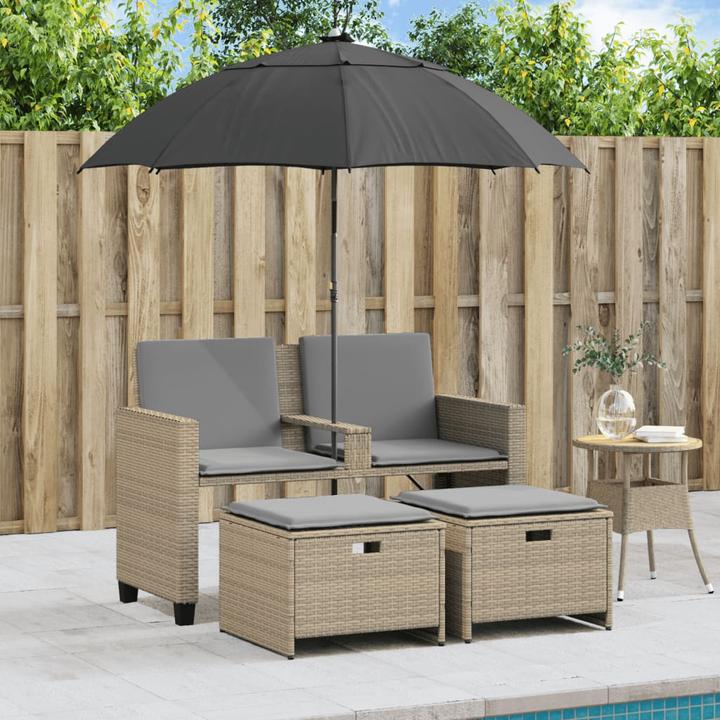 Produktbild VidaXL Gartensofa 2-Sitzer Sonnenschirm und Hocker Poly-Rattan