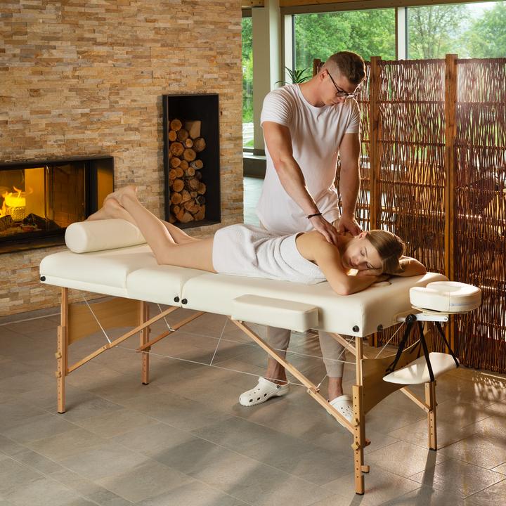 Actual product image tectake 3-zone massage table set Somwang with 7.5cm padding, castors and wooden frame
