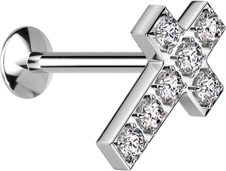 Star Piercing Micro Threadless UFO Labret silber Kreuz silber Kristalle silber (ohne Messing, Chirurgenstahl 316L)