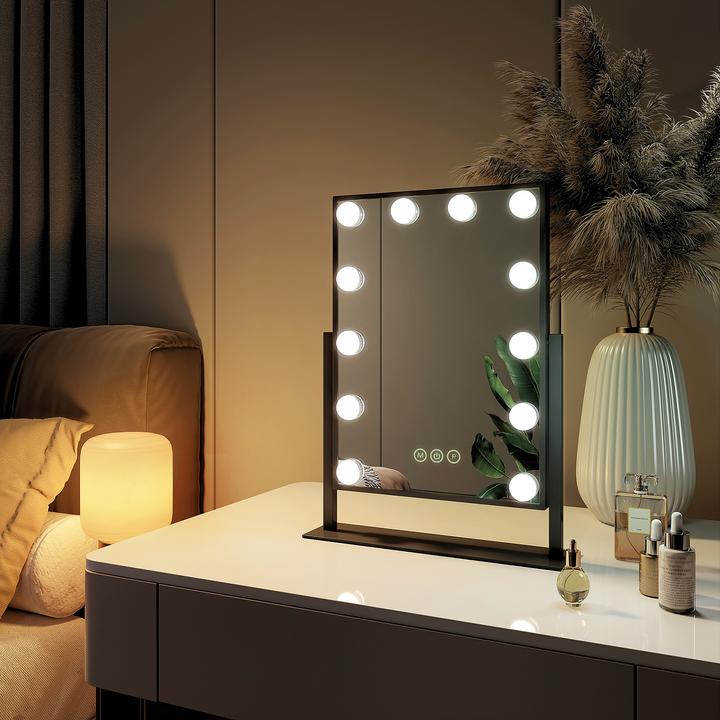 Actual product image Emke Hollywood Cosmetic Mirror with 12 Lamps, 1X+7X Magnification, 3 Colour Temperatures, 36*47cm, Black