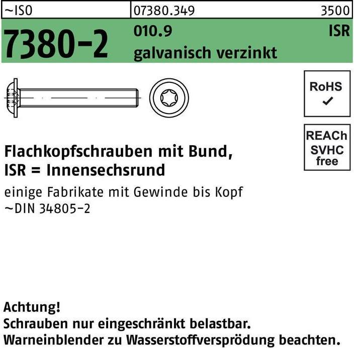 Image du produit Vis à tête plate ISO 7380-2 à collerette/à six pans creux M 5 x 16 -T25 10.9 galv. (500 Vis par pièce)
