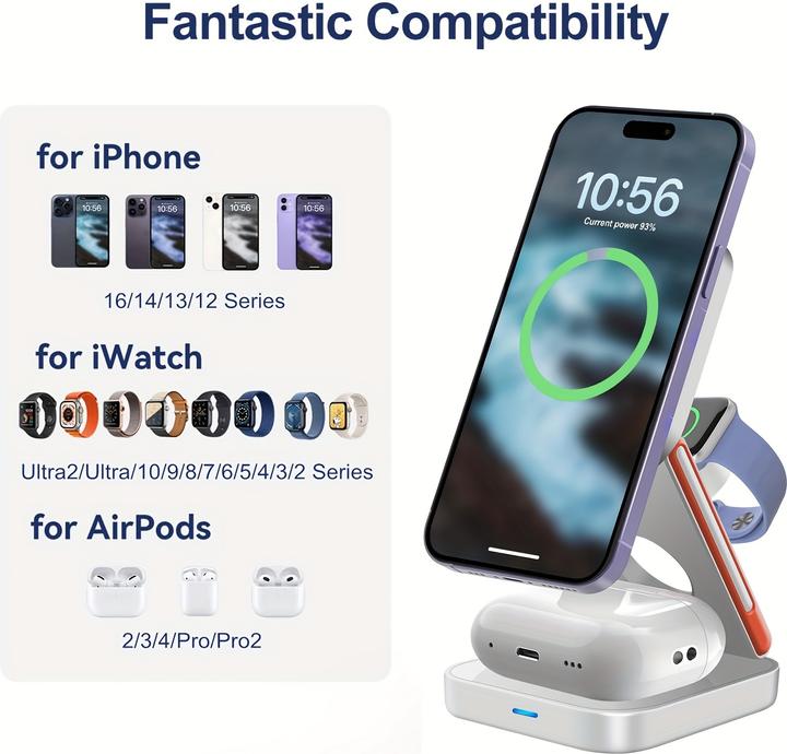 Produktbild PhoneLook 3-in-1 15W Magnetischer Kabelloser Ladegerät mit Faltbarem Ständer für iPhone / Apple Watch / AirPod (15 W)