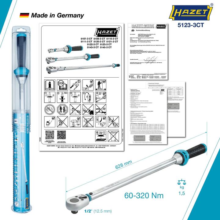 Produktbild HAZET Drehmomentschlüssel 5123-3CT ∙ Nm min-max: 60 - 320 Nm ∙ Toleranz: 3% ∙ Vierkant 12,5 mm (1/2… (1/2", 60 Nm, 320 Nm)