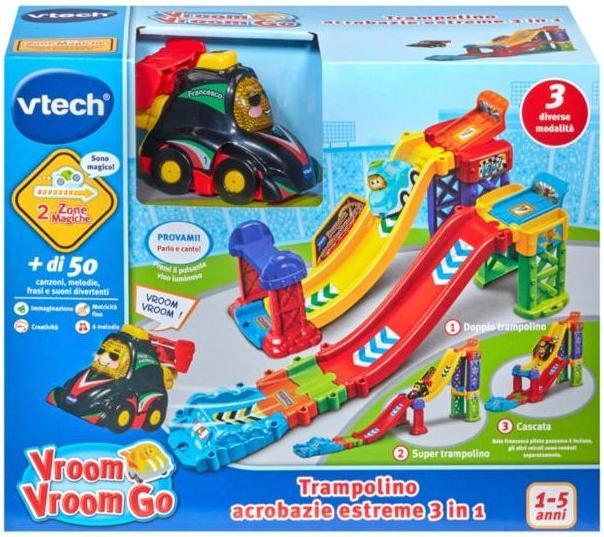 VTech Vroom Vroom Go Extreme Stunt Trampoline 3 in 1, pista per auto con trampolino, 3 modalità di gioco,