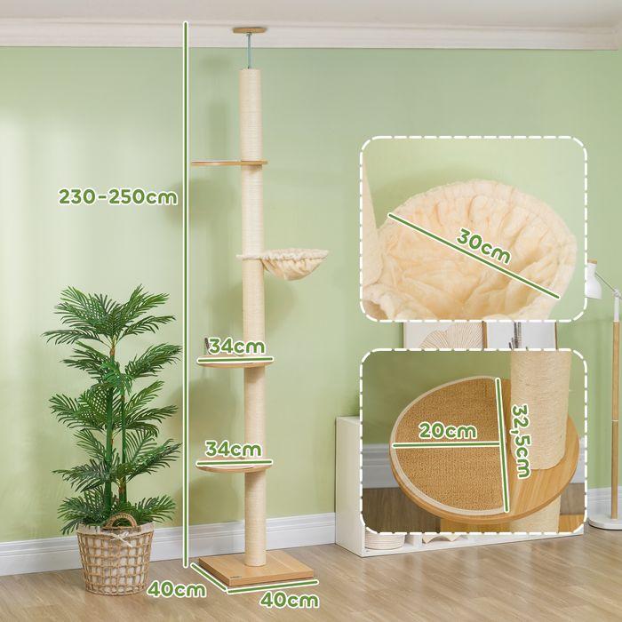 Produktbild Swisshandel24 Kratzbaum, Katzenkratzbaum Deckenhoch, 230-250 cm, Höhenverstellbar, Kippschutz (250 cm, Eiche+Cremeweiss)