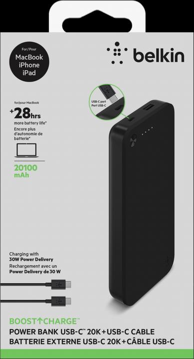 Image du produit Belkin Boost Charge Power Bank 20K USB-C + Câble 30W (20100 mAh, 30 W, 74 Wh)