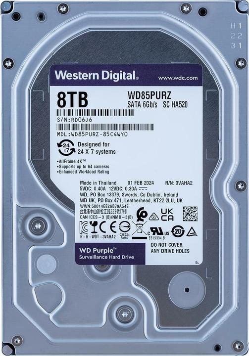 Productafbeelding WD HDD Paars 8TB 3,5 SATA 6Gbs 256MB (8 TB, 3.5", CMR)