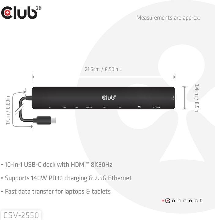 Productafbeelding Club 3D Club3D Tragbare Docking USB-C ->2xUSB-C/3xUSB-A/HDMI/SD BK retail (USB-C, 10 Havens)