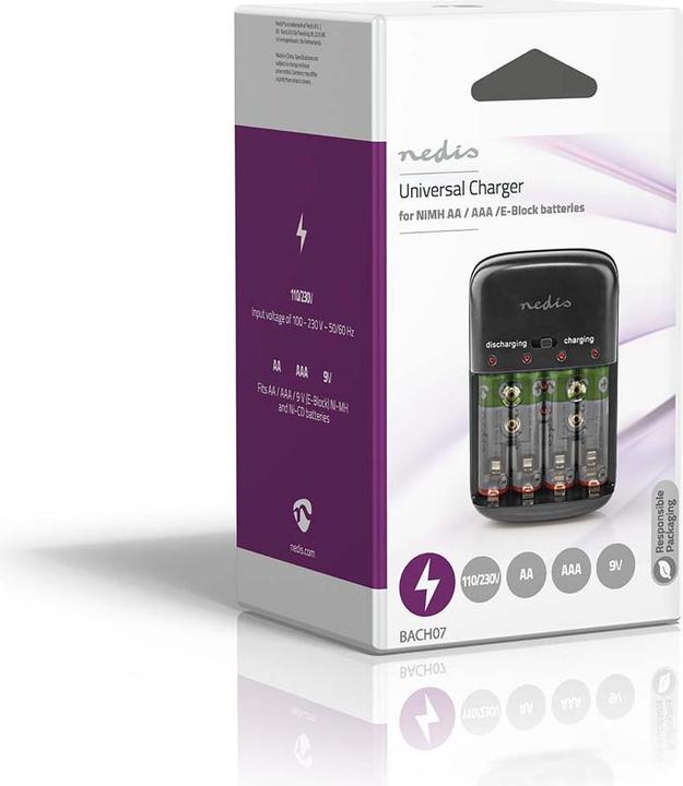 Actual product image Nedis NiMH Battery Charger AA/AAA 1.2 VDC / 9 VDC 0.2 A Trickle Charging Type C (CEE 7/16) Safety Fu (1 pcs., AAA, AA, Rechargeable battery)