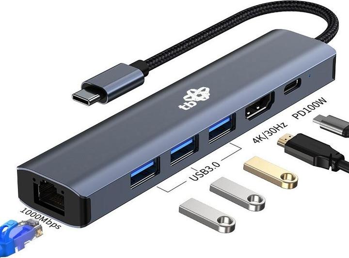 Produktbild Lenovo Adapter HUB USB C 6in1 - HDMI, USBx3, PD, RJ-45 (USB-C, 6 Ports)
