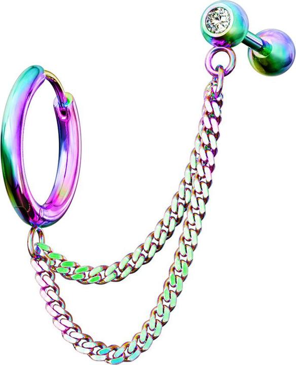Star Piercing Ohrring farbig Doppelkette Micro Barbell mit Kugel und Kristall (Chrirugenstahl 316L)