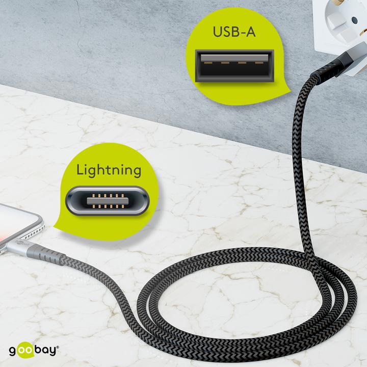 Produktbild Goobay Lightning auf USB-A Textilkabel mit Metallsteckern (space grau/silber) 1 m, 1 m, Schwarz-Grau (1 m, USB 2.0)