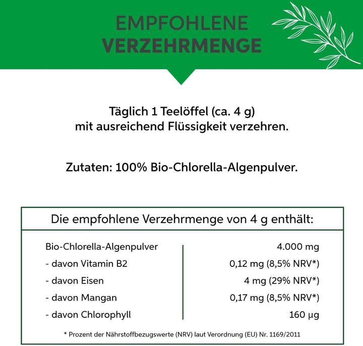 Nutritional values and ingredients Eltabia Organic chlorella powder | premium raw food quality | 100% pure algae powder without additives (Powder, 100 g)