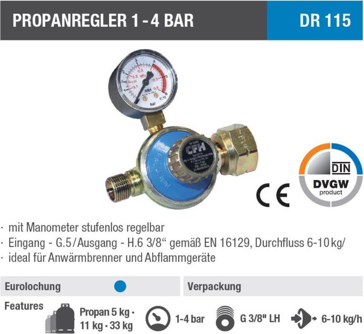 Produktbild CFH Propanregler, mit Manometer, 1-4 bar stufenlos regelbar