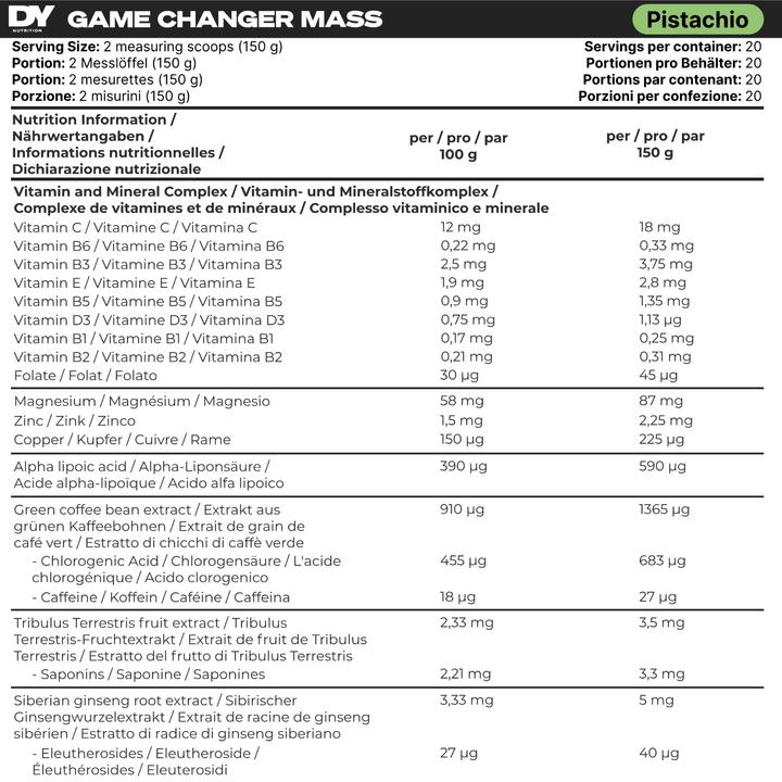 Valeurs nutritives et ingrédients DY Nutrition Game Changer Mass (Pistache, 1 pcs, 3000 g)