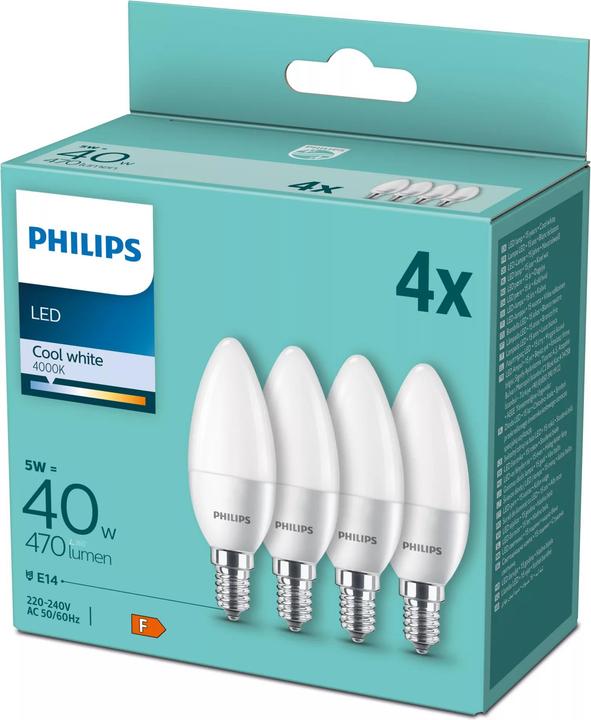 Produktbild Philips LED Lampe E14 4er Set Kerzenform 40W 4000K (E14, 4.90 W, 470 lm, 4 x, F)